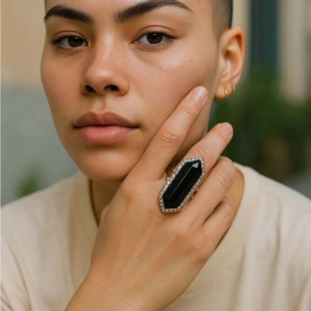 Vintage Style Black Hexagon Cocktail Ring w/ Rhinestones Silver Tone